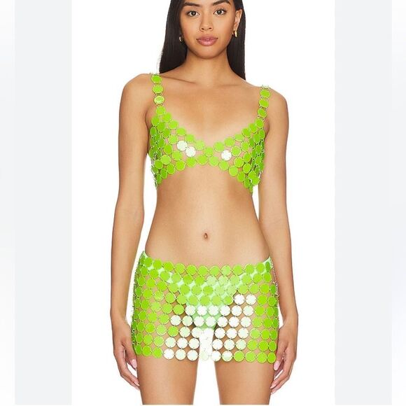 H:ours Diana Mini Skirt plastic disc neon green white mod acrylic sheer Revolve - Picture 1 of 15